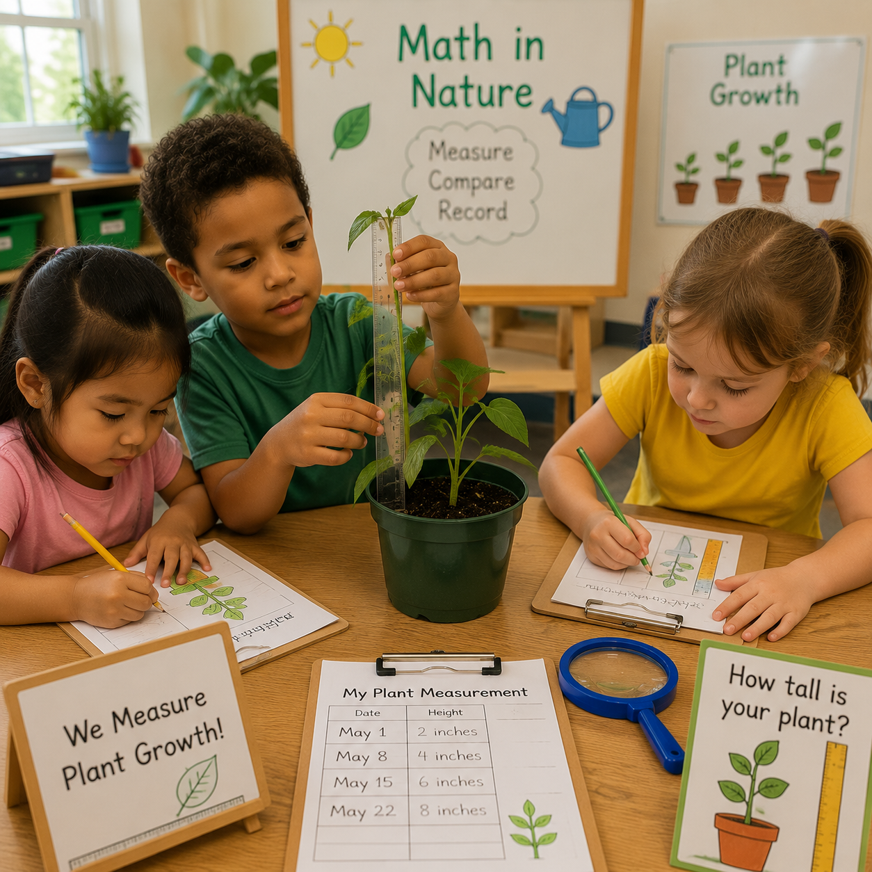 Children measuring plants